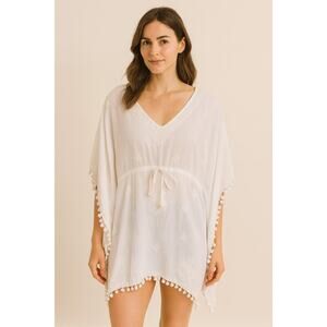 Melissa Odabash Sharize White Kaftan Cover up Pom Pom M/L Coastal Cowgirl Beach